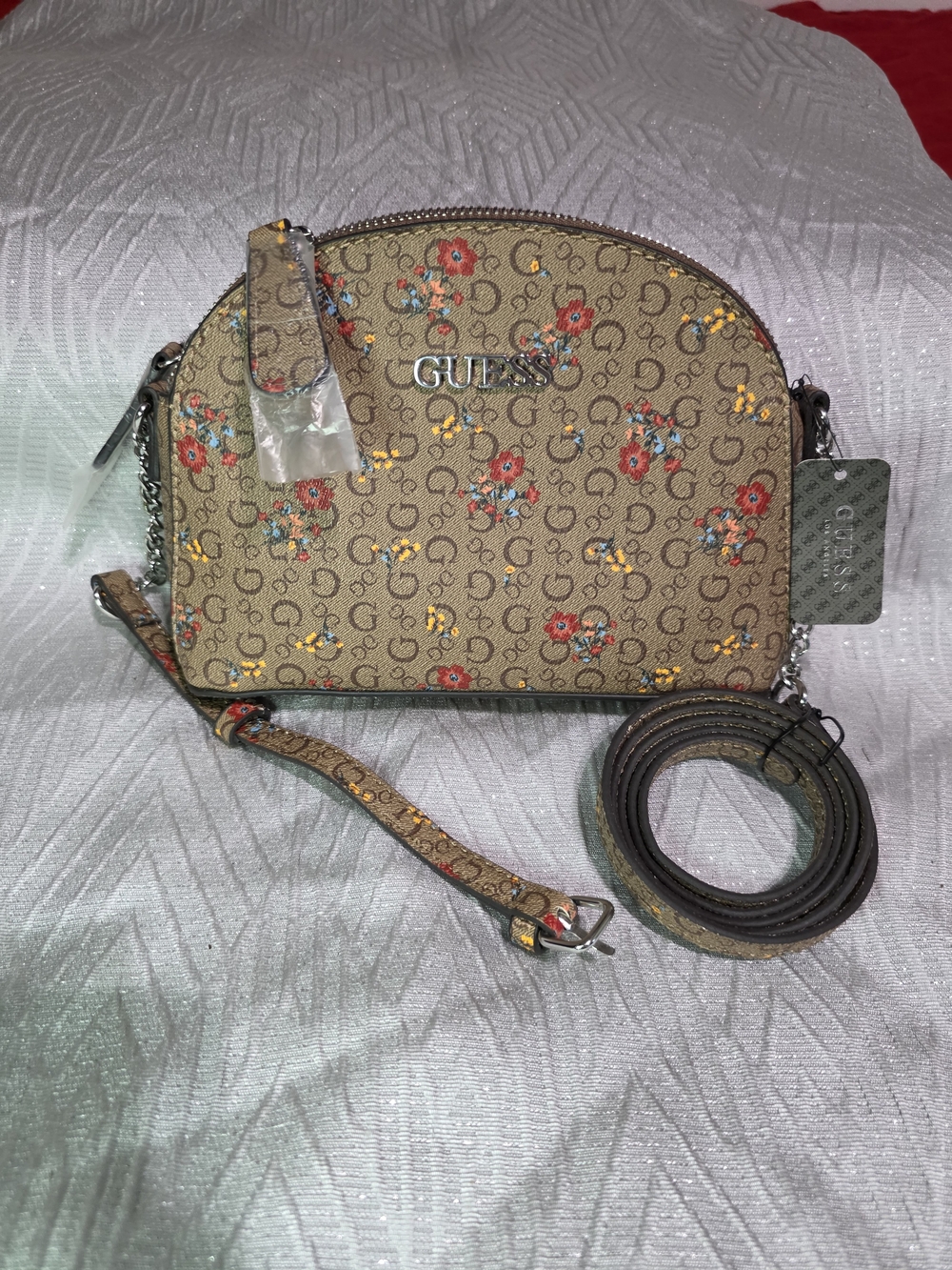 GUESS Beige Floral Logo Dome Crossbody with Red & Yellow Accents